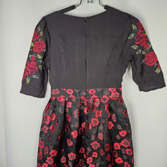 Vtg 90s YUA House Embroidered Mini Dress Black Red Floral Holiday Party Small - Picture 4 of 7